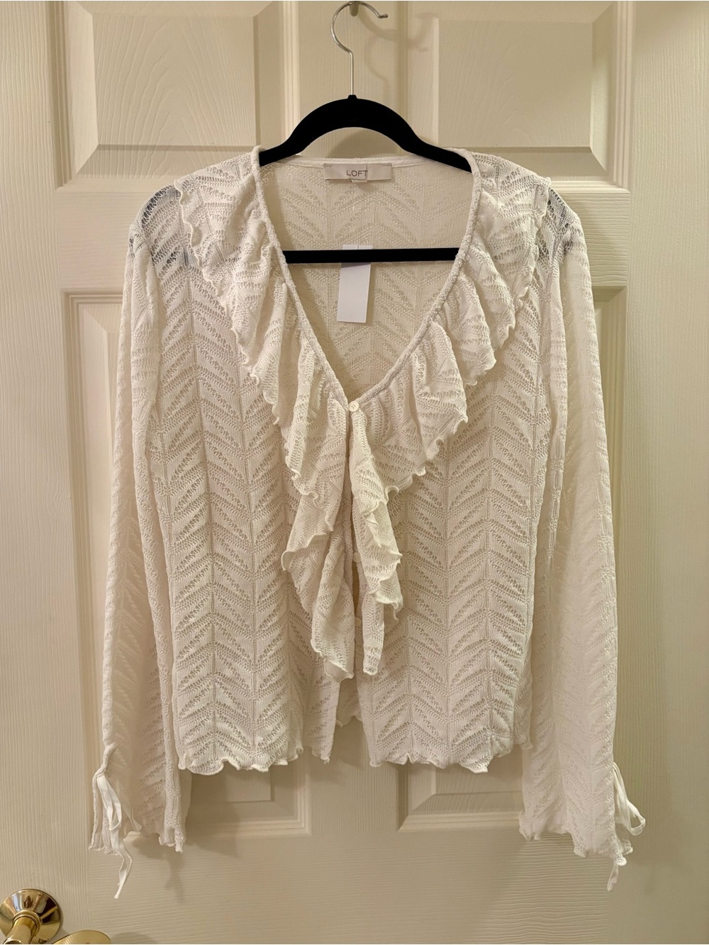 LOFT Cream Ruffle Front Open-Knit Long Sleeve Top